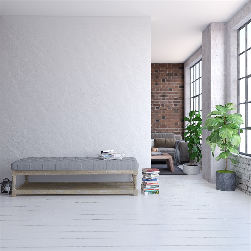 American Home Classic Athena Solid Wood and Fabric Bench in Frost Gray