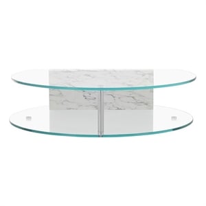 American Home Classic Brick Round Glass/Marble Coffee Table in White/Clear