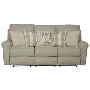 Catnapper Eastland Lay Flat Reclining Sofa in Beige Fabric with Accent Pillows