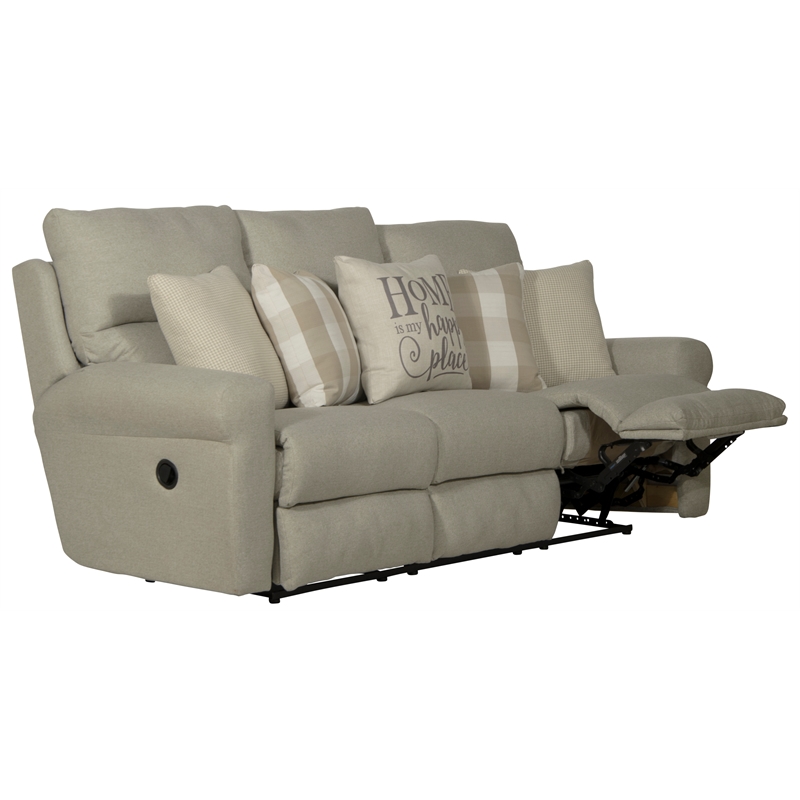 Catnapper Eastland Lay Flat Reclining Sofa in Beige Fabric with Accent Pillows
