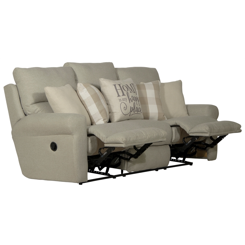 Catnapper Eastland Lay Flat Reclining Sofa in Beige Fabric with Accent Pillows