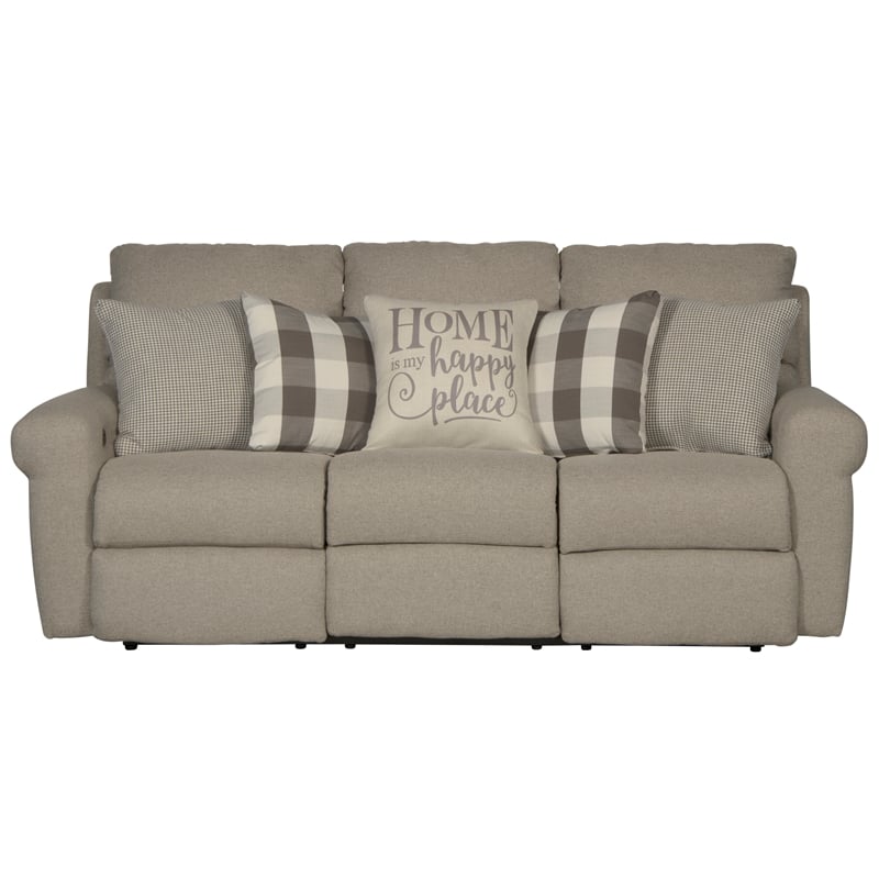 Catnapper Eastland Lay Flat Reclining Sofa in Gray Fabric with Accent Pillows