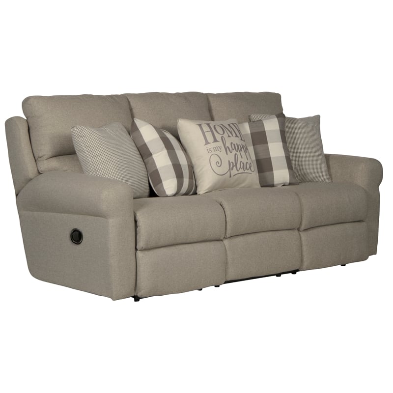 Catnapper Eastland Lay Flat Reclining Sofa in Gray Fabric with Accent Pillows