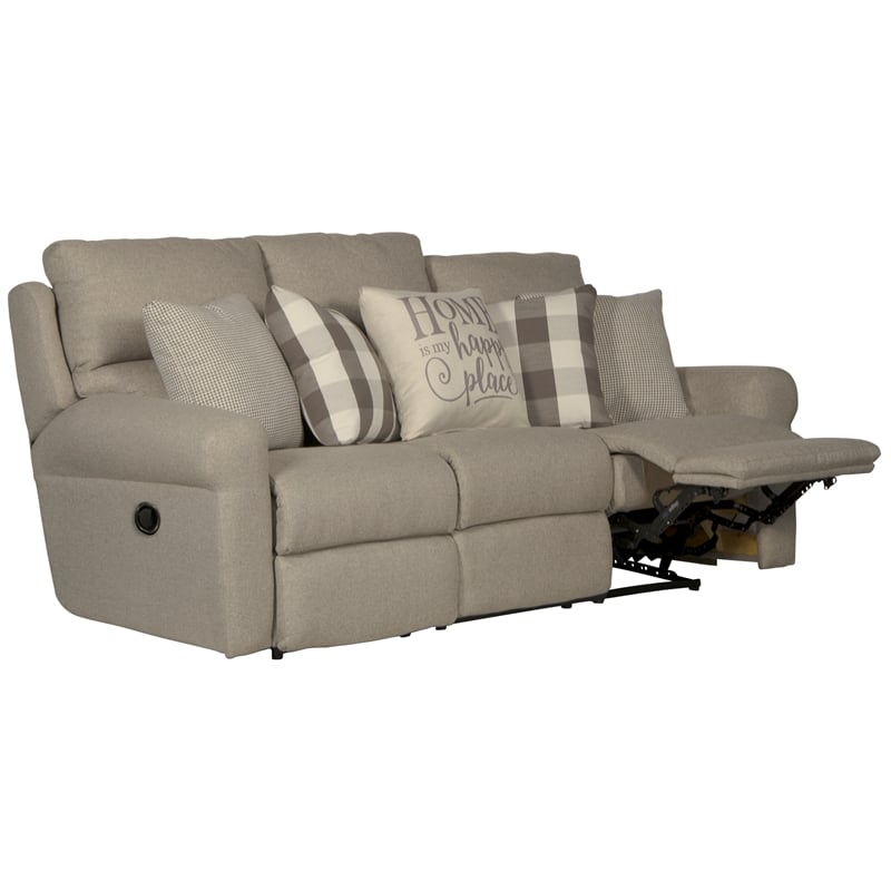 Catnapper Eastland Lay Flat Reclining Sofa in Gray Fabric with Accent Pillows