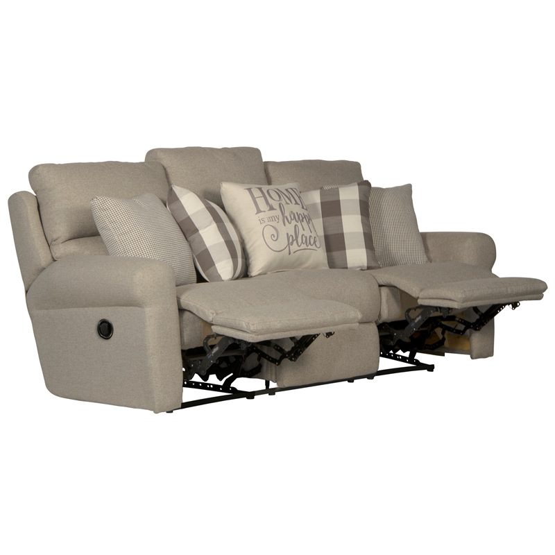 Catnapper Eastland Lay Flat Reclining Sofa in Gray Fabric with Accent Pillows
