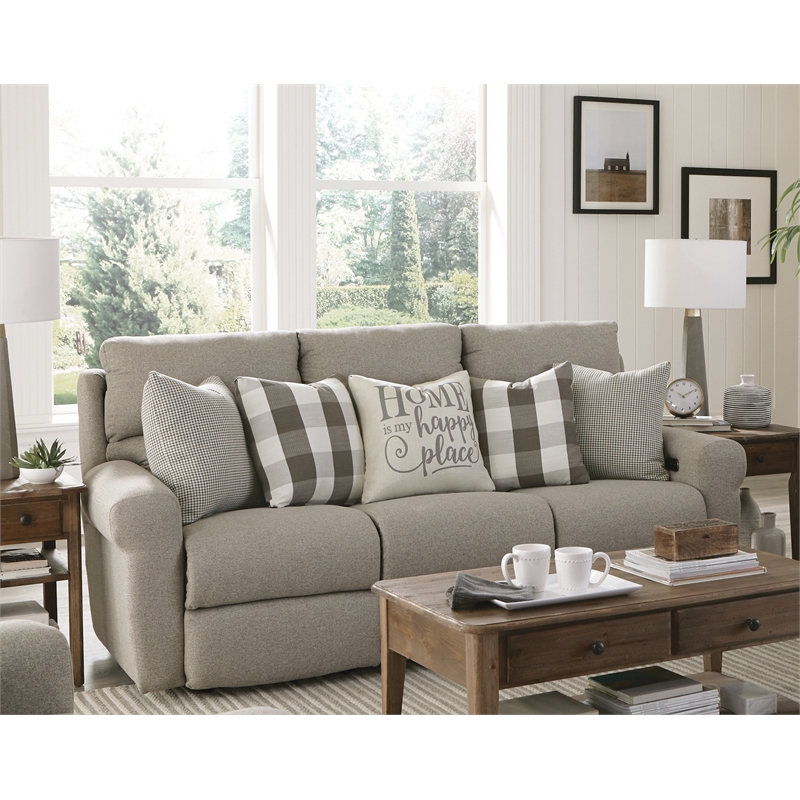 Catnapper Eastland Lay Flat Reclining Sofa in Gray Fabric with Accent Pillows