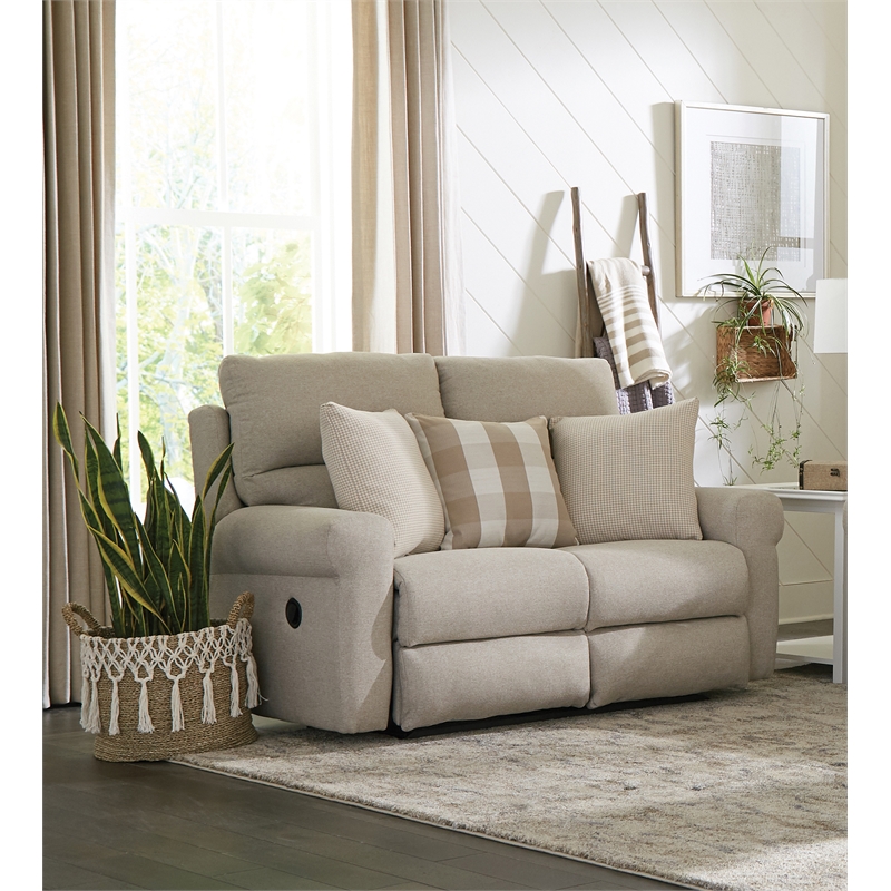 Catnapper Eastland Lay Flat Reclining Loveseat in Beige Polyester Fabric
