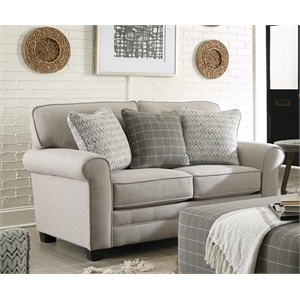 hardy farmhouse casual loveseat in gray fabric with decorative accent pillows