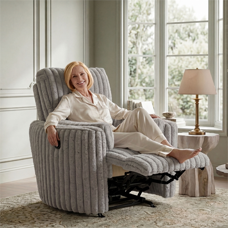 Daydream Swivel Glider Recliner with Faux Fur in Moonstruck Gloucester Gray