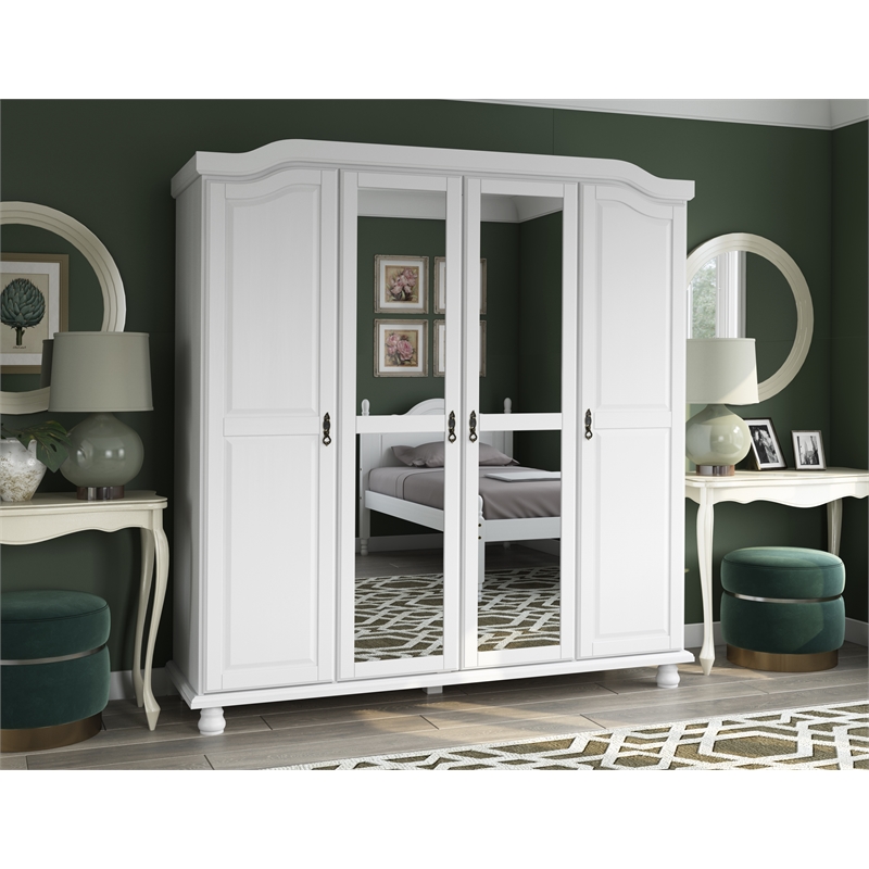 Palace Imports Kyle 4-Door Wood Wardrobe with 2 Mirrored Doors in White ...