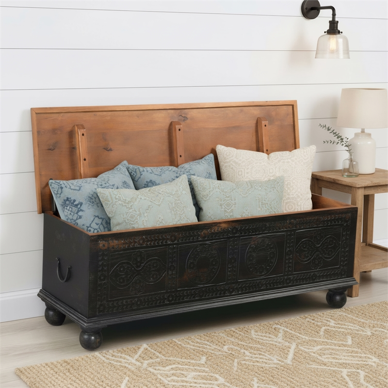Taran Designs Bailey Carved Solid Wood Storage Ottoman in Black