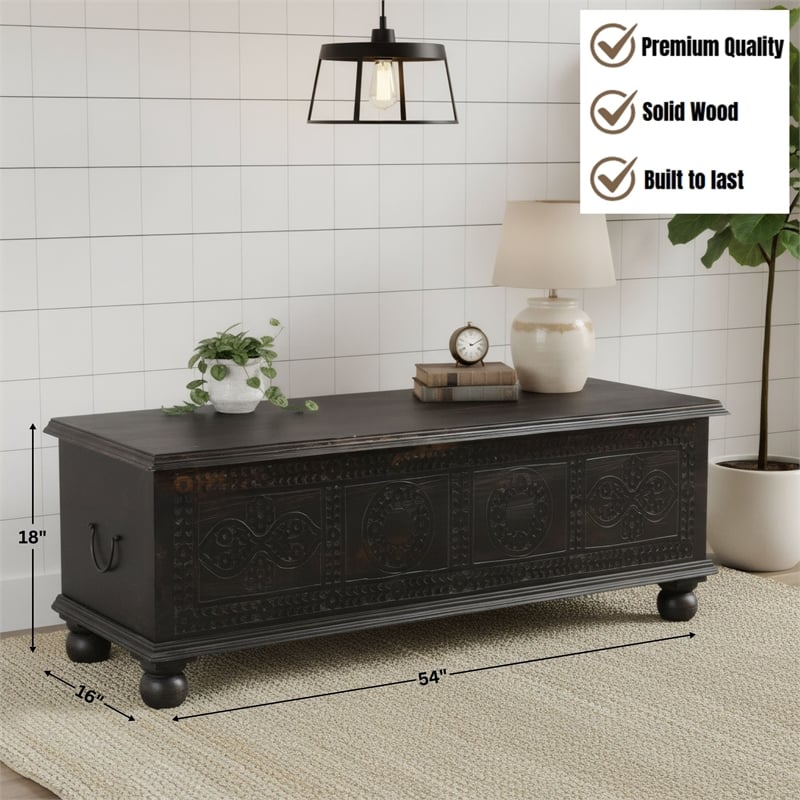 Taran Designs Bailey Carved Solid Wood Storage Ottoman in Black