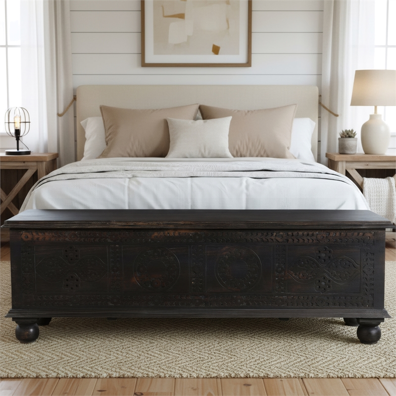 Taran Designs Bailey Carved Solid Wood Storage Ottoman in Black