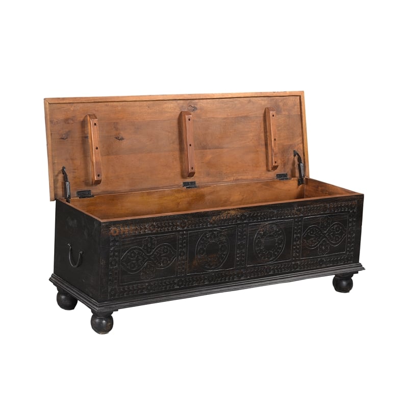 Taran Designs Bailey Carved Solid Wood Storage Ottoman in Black