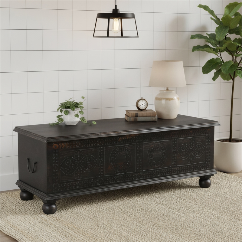 Taran Designs Bailey Carved Solid Wood Storage Ottoman in Black