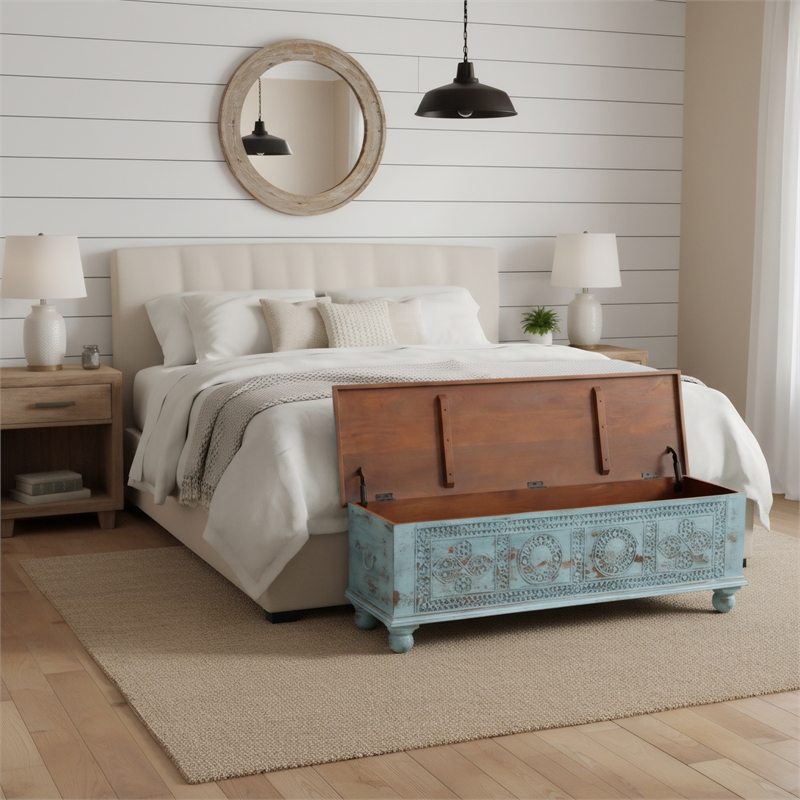 Taran Designs Bailey Carved Solid Wood Storage Ottoman in Blue