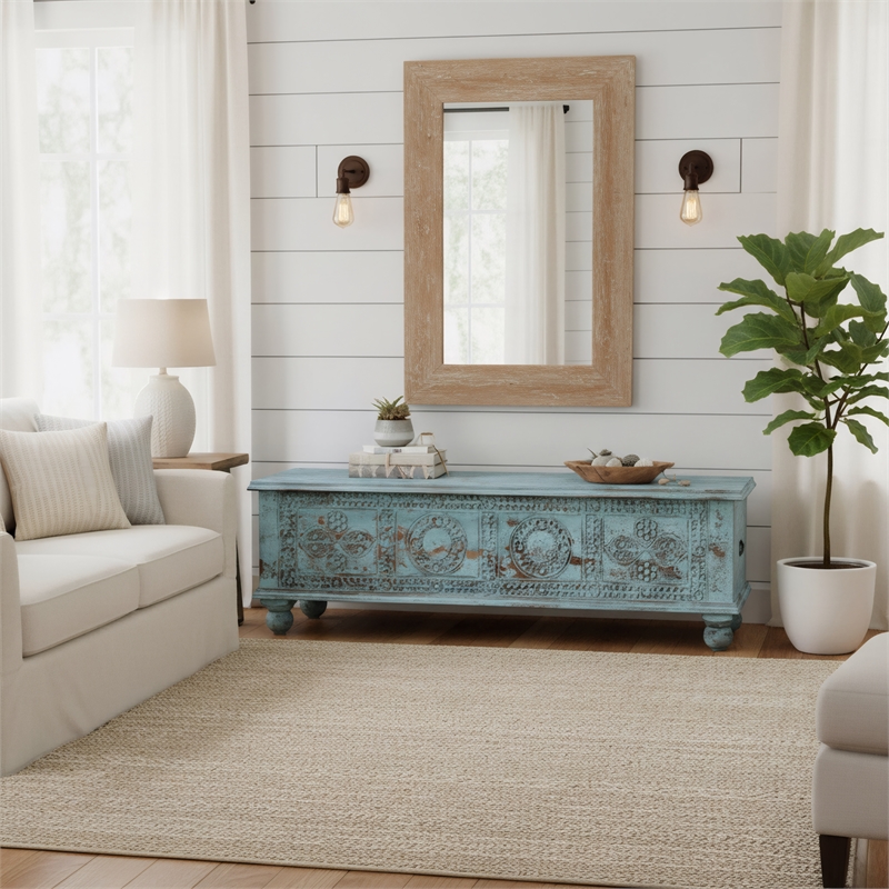 Taran Designs Bailey Carved Solid Wood Storage Ottoman in Blue