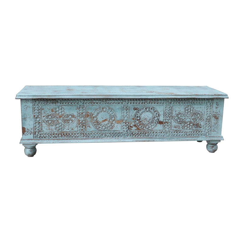 Taran Designs Bailey Carved Solid Wood Storage Ottoman in Blue