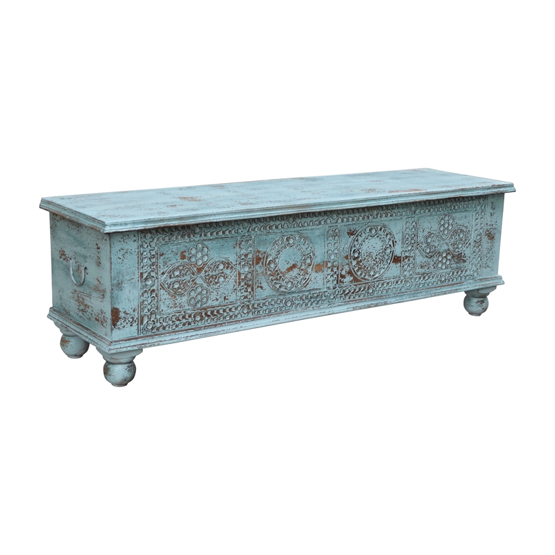 Taran Designs Bailey Carved Solid Wood Storage Ottoman in Blue