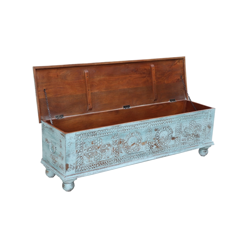 Taran Designs Bailey Carved Solid Wood Storage Ottoman in Blue