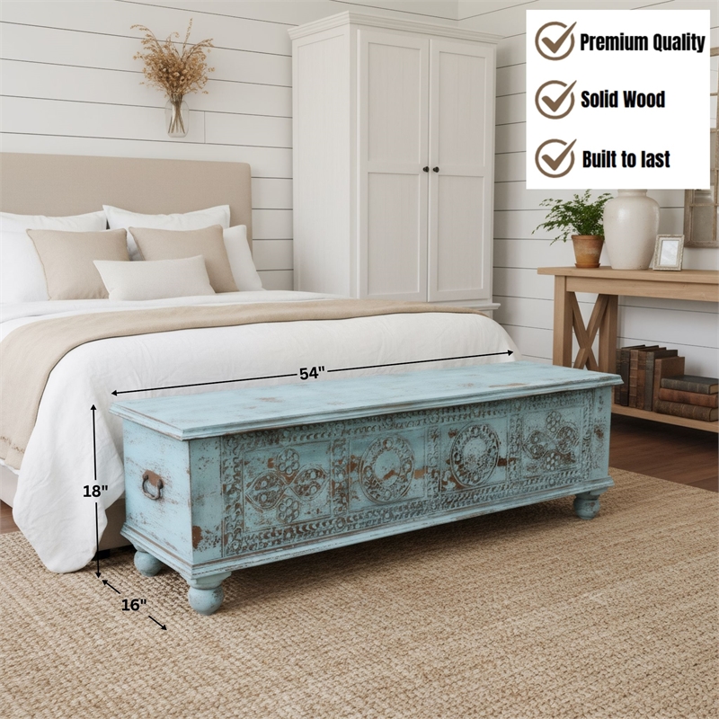 Taran Designs Bailey Carved Solid Wood Storage Ottoman in Blue