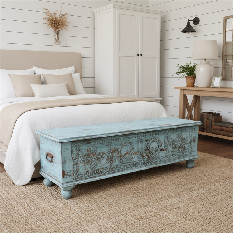 Taran Designs Bailey Carved Solid Wood Storage Ottoman in Blue