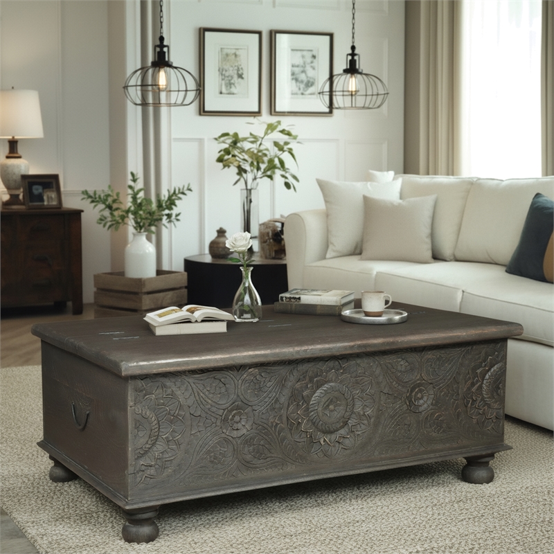 Monte Floral Carved Solid Wood Storage Coffee Table in Black