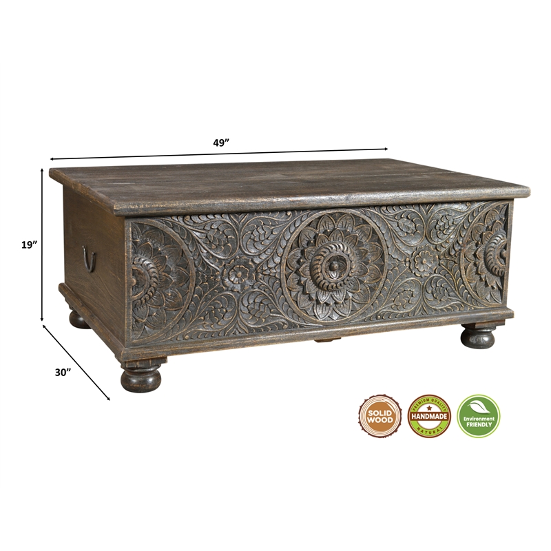 Monte Floral Carved Solid Wood Storage Coffee Table in Black