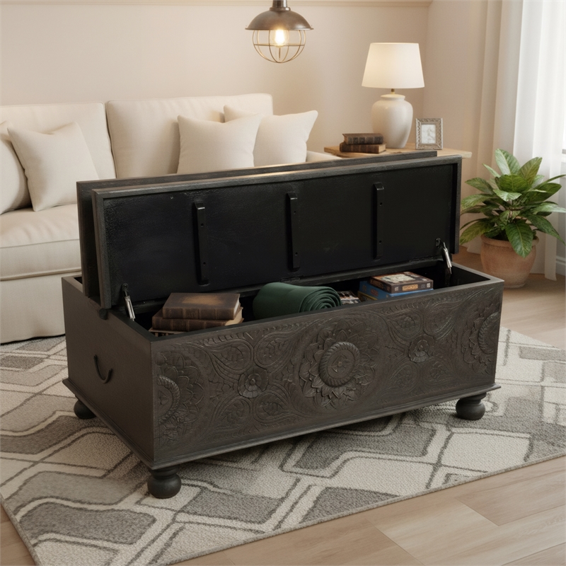 Monte Floral Carved Solid Wood Storage Coffee Table in Black