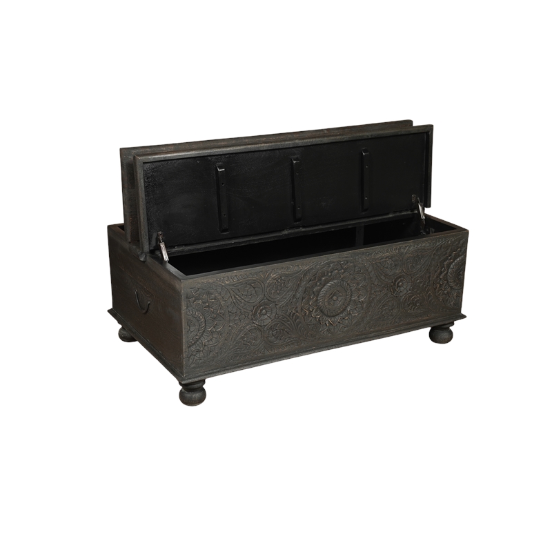 Monte Floral Carved Solid Wood Storage Coffee Table in Black