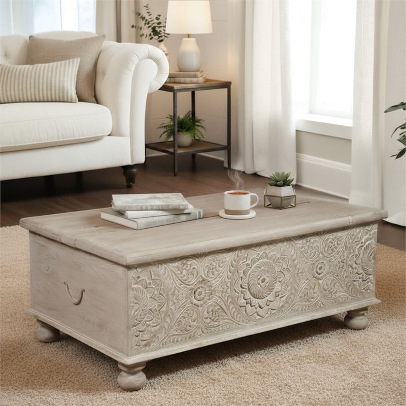 Monte Floral Carved Solid Wood Lift-Top Coffee Table in Weathered White
