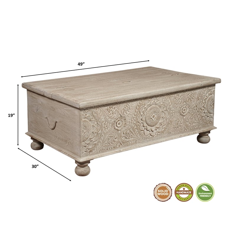 Monte Floral Carved Solid Wood Lift-Top Coffee Table in Weathered White