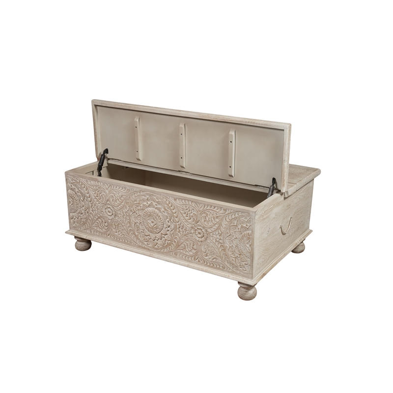 Monte Floral Carved Solid Wood Lift-Top Coffee Table in Weathered White