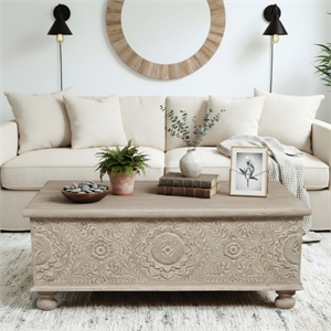 Monte Floral Carved Solid Wood Lift-Top Coffee Table in Weathered White
