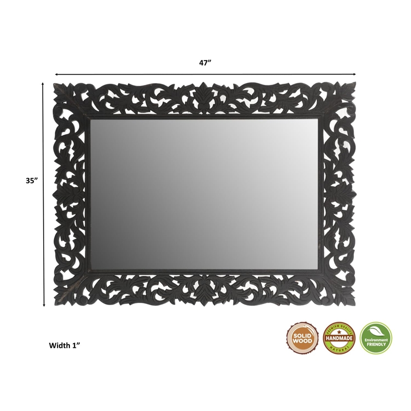 Taran Designs Monte Floral Carved Solid Wood Accent Mirror in Black