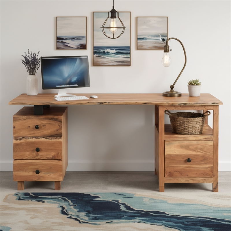 Taran Designs Harper 4-drawer Live Edge Solid Wood Desk in Brown/Black