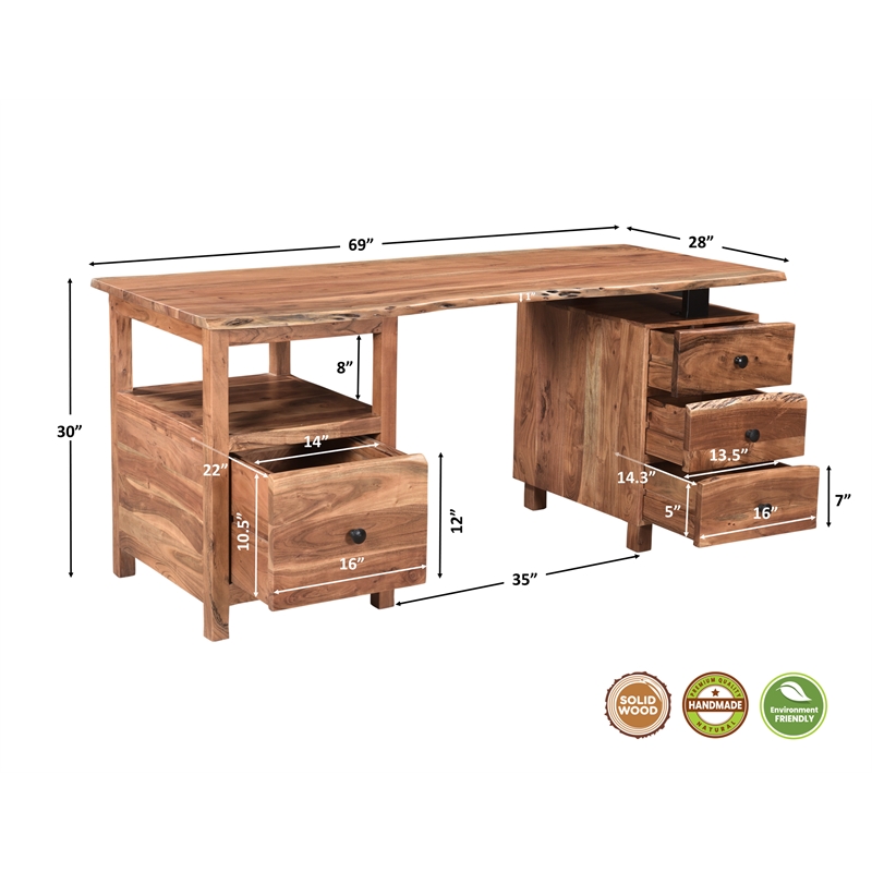 Taran Designs Harper 4-drawer Live Edge Solid Wood Desk in Brown/Black