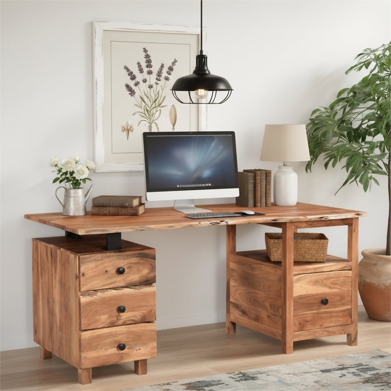 Taran Designs Harper 4-drawer Live Edge Solid Wood Desk in Brown/Black
