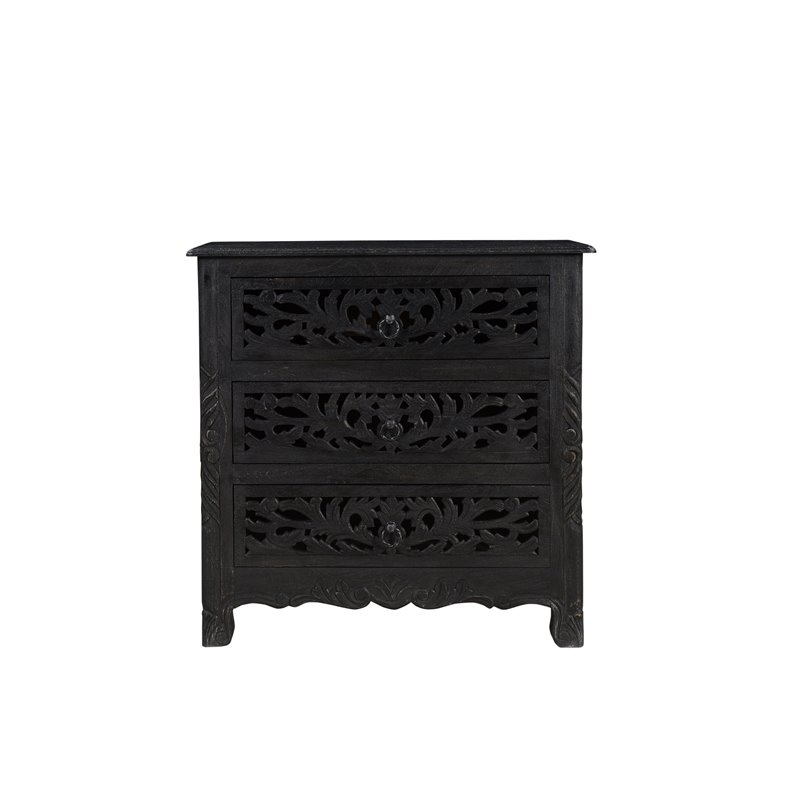 Taran Designs Monte Floral Carved Solid Wood 3-Drawers Nightstand in Black