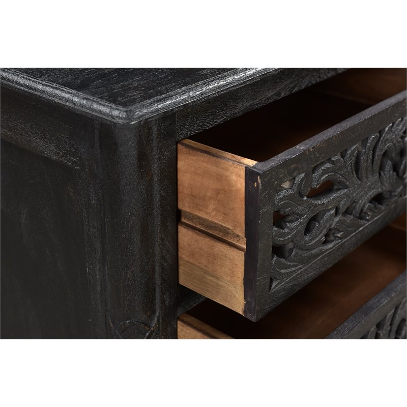 Taran Designs Monte Floral Carved Solid Wood 3-Drawers Nightstand in Black