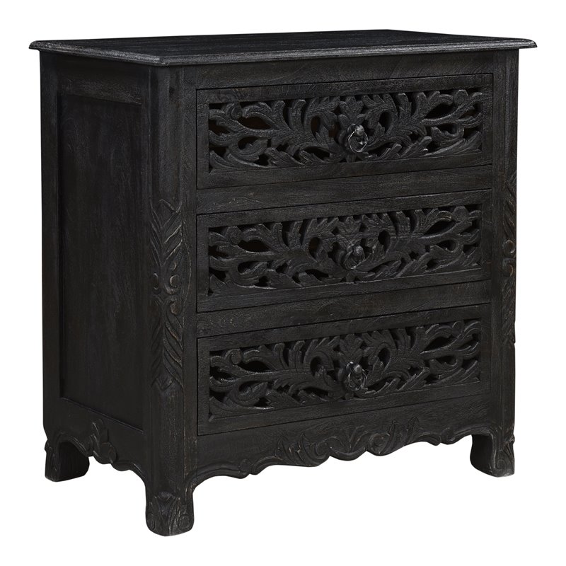 Taran Designs Monte Floral Carved Solid Wood 3-Drawers Nightstand in Black
