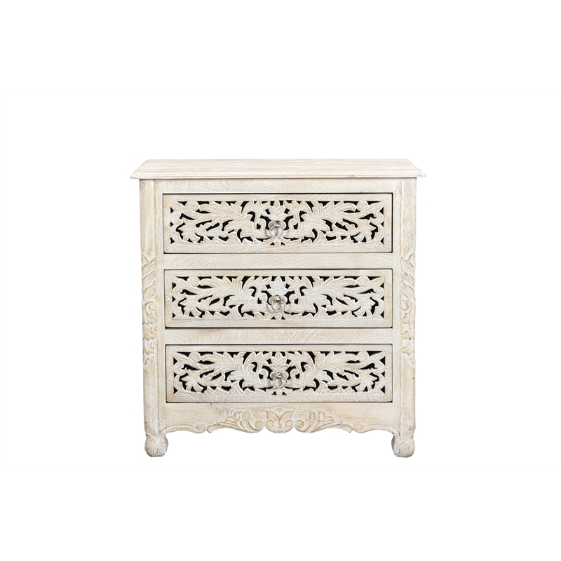 Taran Designs Monte Floral Carved Solid Wood 3-Drawers Nightstand in White