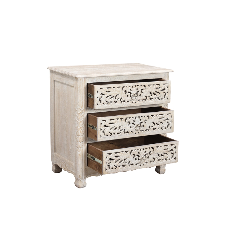 Taran Designs Monte Floral Carved Solid Wood 3-Drawers Nightstand in White
