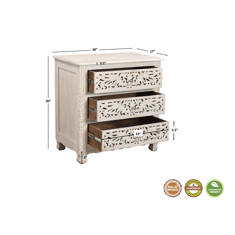 Taran Designs Monte Floral Carved Solid Wood 3-Drawers Nightstand in White
