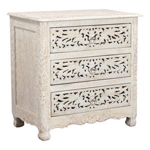 Taran Designs Monte Floral Carved Solid Wood 3-Drawers Nightstand in White