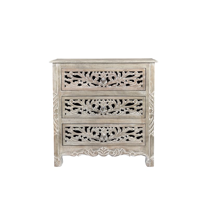 Taran Designs Monte Floral Carved Solid Wood 3-Drawers Nightstand in Gray