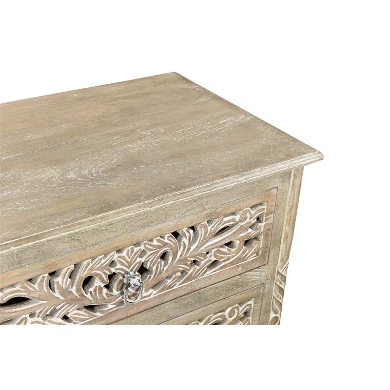 Taran Designs Monte Floral Carved Solid Wood 3-Drawers Nightstand in Gray
