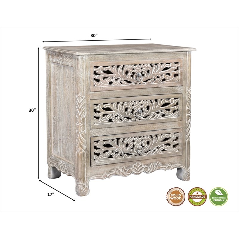 Taran Designs Monte Floral Carved Solid Wood 3-Drawers Nightstand in Gray