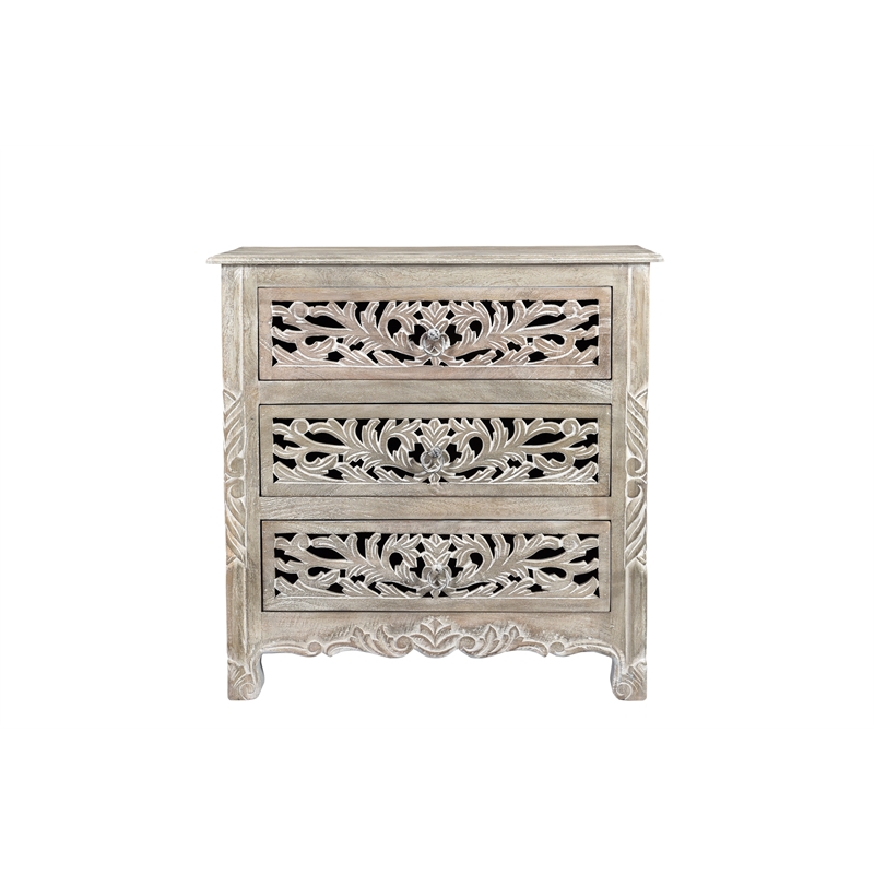 Taran Designs Monte Floral Carved Solid Wood 3-Drawers Nightstand in Gray