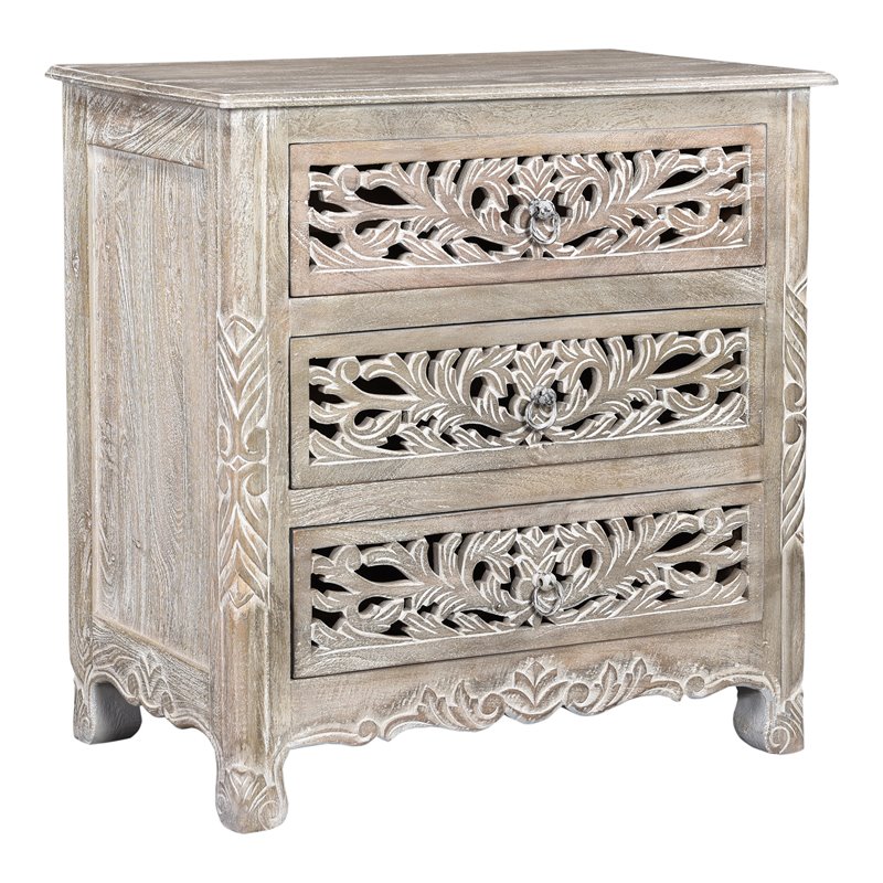 Taran Designs Monte Floral Carved Solid Wood 3-Drawers Nightstand in Gray